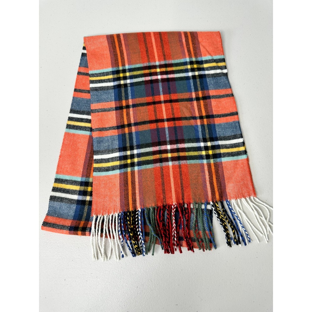 Plaid 100% Cashmere Scarf Made in Scotland Fringe Trim OS Orange Blue Unisex